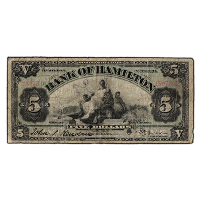 SOLD $5 1914 Bank of Hamilton Canada Chartered Note #345-20-06 - Circulated