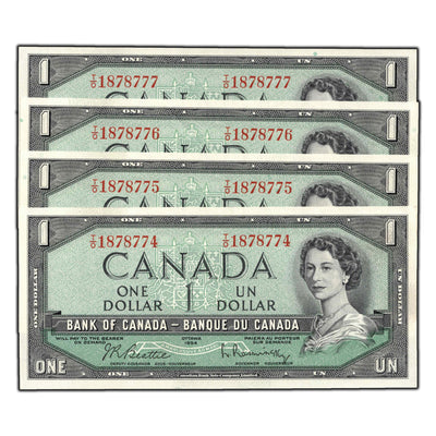 SOLD $1 1954 Bank of Canada Notes T/O Prefix BC-37b - 4 Consecutive