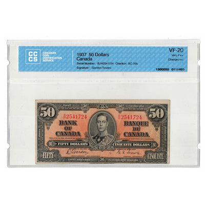SOLD 1937 $50 Bank of Canada Note Gordon-Towers B/H Prefix BC-26b - CCCS VF-20