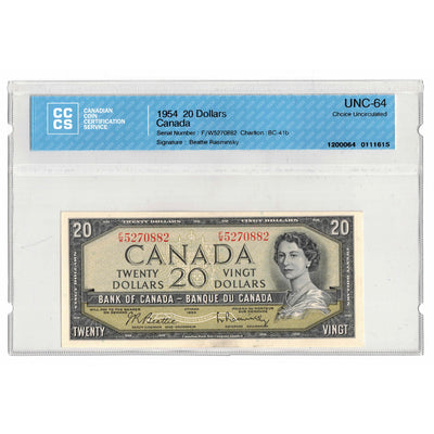 SOLD $20 1954 Bank of Canada Note Beattie-Rasminsky F/W Prefix BC-41b - CCCS UNC-64