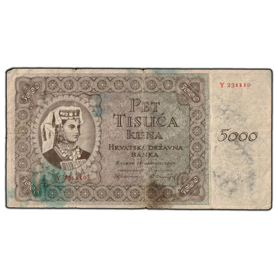 SOLD Croatia 1943 5000 Kuna KM #14a - Stained