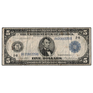 SOLD United States 1914 $5 Federal Reserve Note Blue Seal F #851b