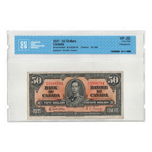 SOLD 1937 $50 Bank of Canada Note Gordon-Towers B/H Prefix BC-26b - CCCS VF-20