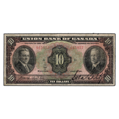 SOLD $10 1921 Union Bank of Canada Chartered Note #730-20-04 - Edge Tear