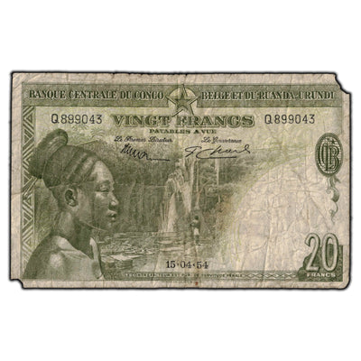 SOLD Belgian Congo 1954 20 Francs Banknote P #26 - Damaged