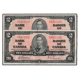 SOLD $2 1937 Bank Of Canada Notes Gordon-Towers S/B Prefix BC-22b - EF-45 2 Consecutive