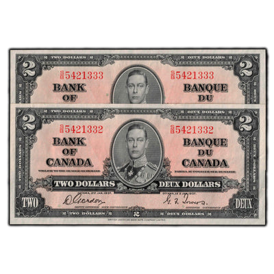 SOLD $2 1937 Bank Of Canada Notes Gordon-Towers S/B Prefix BC-22b - EF-45 2 Consecutive