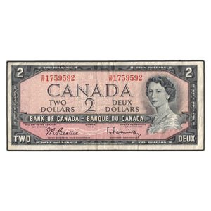 SOLD $2 1954 Bank 0f Canada Note Beattie-Rasminsky S/R Test Prefix BC-38bT - Writing