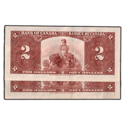 SOLD $2 1937 Bank Of Canada Notes Gordon-Towers S/B Prefix BC-22b - EF-45 2 Consecutive