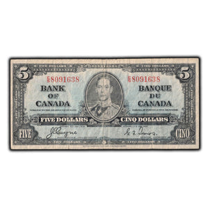SOLD $5 1937 Bank of Canada Note Coyne-Towers E/S Prefix BC-23c - Faded