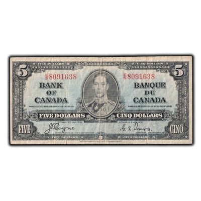 SOLD $5 1937 Bank of Canada Note Coyne-Towers E/S Prefix BC-23c - Faded