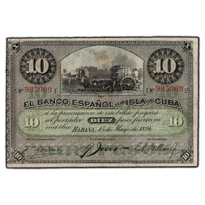 SOLD Cuba 1896 10 Pesos Note P #49d