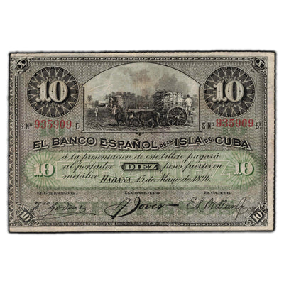 SOLD Cuba 1896 10 Pesos Note P #49d