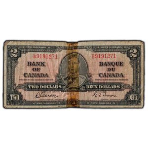 SOLD $2 1937 Bank Of Canada Notes Gordon-Towers E/B Prefix BC-22b - Tape Damage