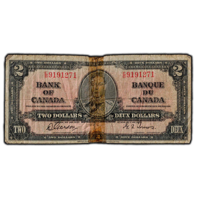 SOLD $2 1937 Bank Of Canada Notes Gordon-Towers E/B Prefix BC-22b - Tape Damage