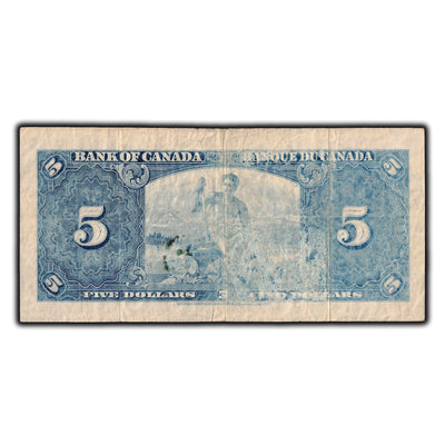 SOLD $5 1937 Bank of Canada Note Coyne-Towers E/S Prefix BC-23c - Faded