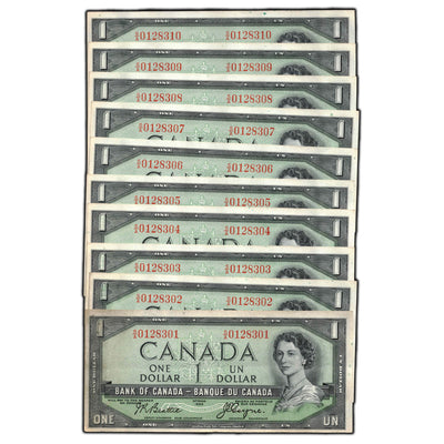 SOLD $1 1954 Bank Of Canada Notes Devil Face S/A Prefix BC-29b - 10 Consecutive