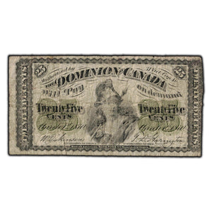 SOLD 25 Cents 1870 Dominion of Canada Shinplaster Note DC-1c - VG-8