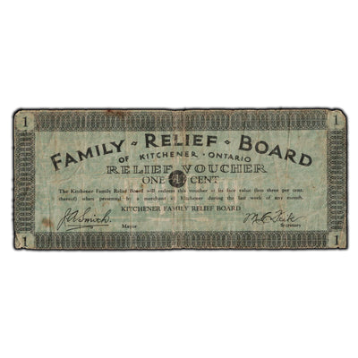 SOLD N.D 1 Cent Family Relief Board Kitchener Ontario Voucher DE-70-1a