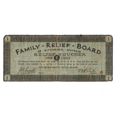 SOLD N.D 1 Cent Family Relief Board Kitchener Ontario Voucher DE-70-1a