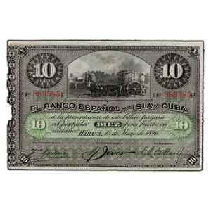 SOLD Cuba 1896 10 Pesos Note P #49d Missing Piece