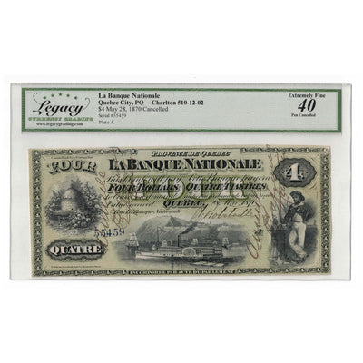 SOLD $4 1870 Banque Nationale Chartered Note CH #510-12-02 - Legacy EF-40 Pen Cancelled