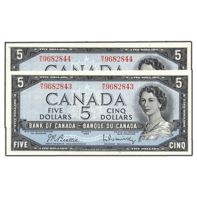 SOLD $5 1954 Bank of Canada Notes M/X Prefix BC-39b - 2 Consecutive
