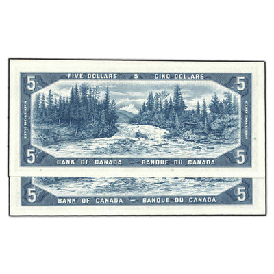 SOLD $5 1954 Bank of Canada Notes M/X Prefix BC-39b - 2 Consecutive