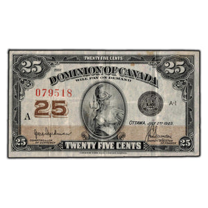 SOLD 25 Cents 1923 Dominion of Canada Shinplaster Note DC-24b - VF-20 (light staining)