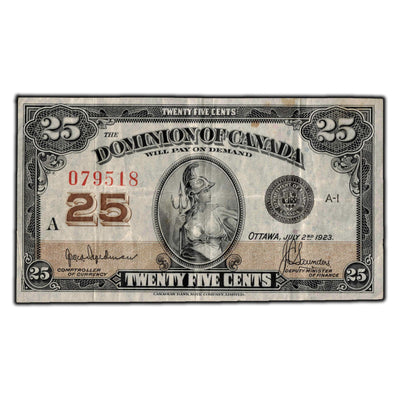 SOLD 25 Cents 1923 Dominion of Canada Shinplaster Note DC-24b - VF-20 (light staining)