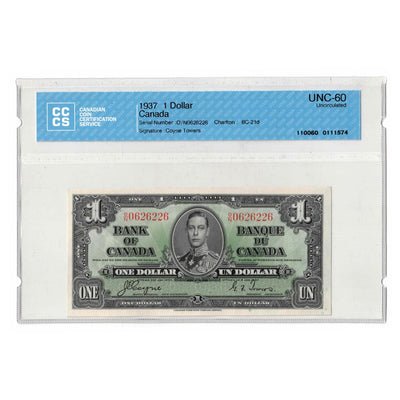 SOLD $1 1937 Bank of Canada Note Coyne-Towers O/N Prefix BC-21d - CCCS UNC-60