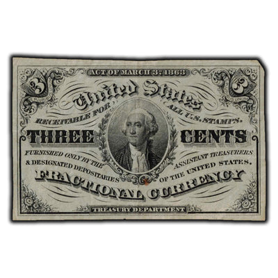 SOLD United States 1863 3 Cents Fractional Note - Corner Damage