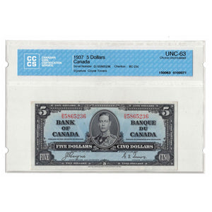 SOLD $5 1937 Bank of Canada Note Coyne-Towers D/S Prefix BC-23c - CCCS UNC-63