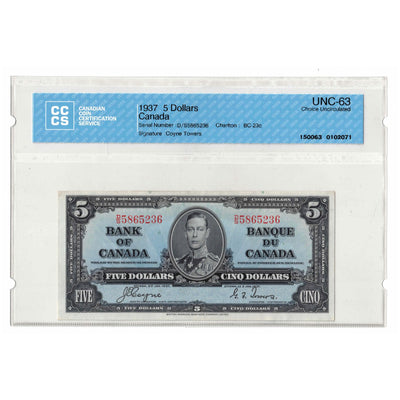 SOLD $5 1937 Bank of Canada Note Coyne-Towers D/S Prefix BC-23c - CCCS UNC-63