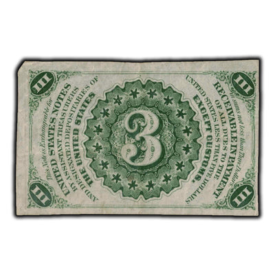SOLD United States 1863 3 Cents Fractional Note - Corner Damage