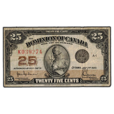 SOLD 25 Cents 1923 Dominion of Canada Shinplaster Note DC-24a - F-12 (pinholes)