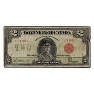 SOLD $2 1923 Dominion Of Canada Note Red Seal Series C DC-26b - Edge Damage