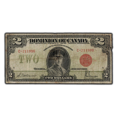 SOLD $2 1923 Dominion Of Canada Note Red Seal Series C DC-26b - Edge Damage