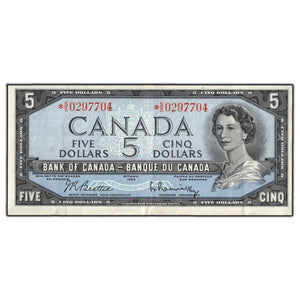 SOLD $5 1954 Bank of Canada Note Beattie-Rasminsky *S/S Prefix BC-39bA - VF-30