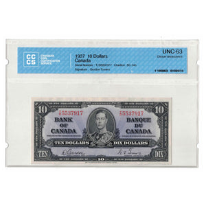 SOLD $10 1937 Bank of Canada Note Gordon-Towers T/D Prefix BC-24b - CCCS UNC-63