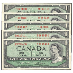 SOLD $1 1954 Bank of Canada Notes B/I Prefix BC-37d - 5 Consecutive