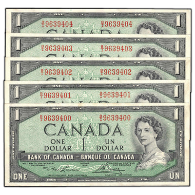 SOLD $1 1954 Bank of Canada Notes B/I Prefix BC-37d - 5 Consecutive