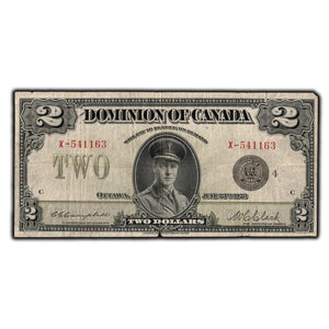SOLD $2 1923 Dominion Of Canada Note Black Seal Series X DC-26k - Two Tears