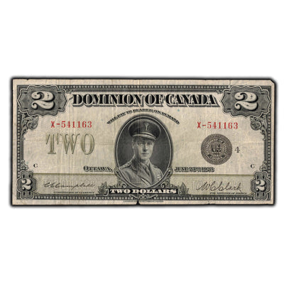 SOLD $2 1923 Dominion Of Canada Note Black Seal Series X DC-26k - Two Tears
