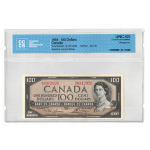 SOLD $100 1954 Bank of Canada Note Lawson-Bouey B/J Prefix BC-43c - CCCS UNC-63