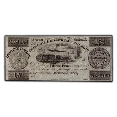 SOLD 30 Sous / 15 Pence 1837 Champlain & St. Lawrence Banknote - Remainder