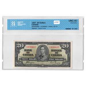 SOLD $20 1937 Bank of Canada Note Coyne-Towers K/E Prefix BC-25c - CCCS UNC-60