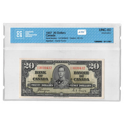 SOLD $20 1937 Bank of Canada Note Coyne-Towers K/E Prefix BC-25c - CCCS UNC-60