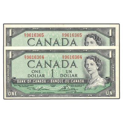 SOLD $1 1954 Bank of Canada Notes D/I Prefix BC-37d - 2 Consecutive