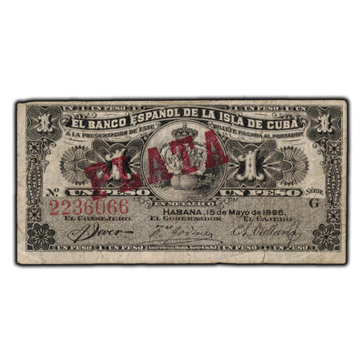 SOLD Cuba El Banco Español 1896 1 Peso Banknote P #47b